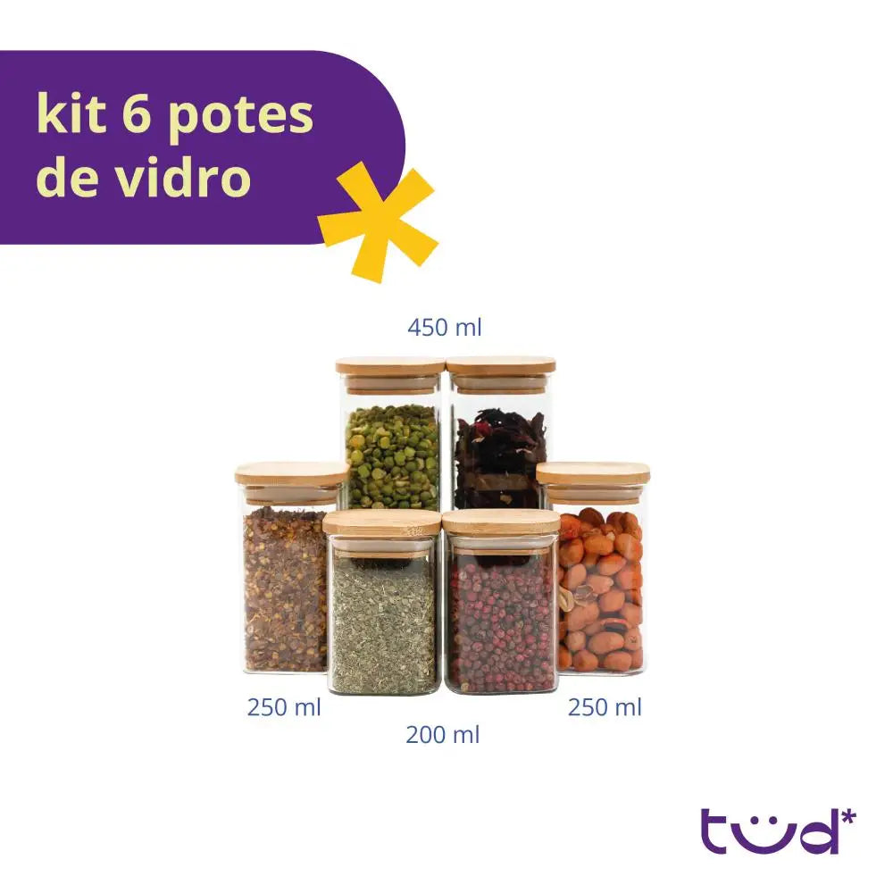 Kit 6 square hermetic bamboo lid glass pots-Tüd