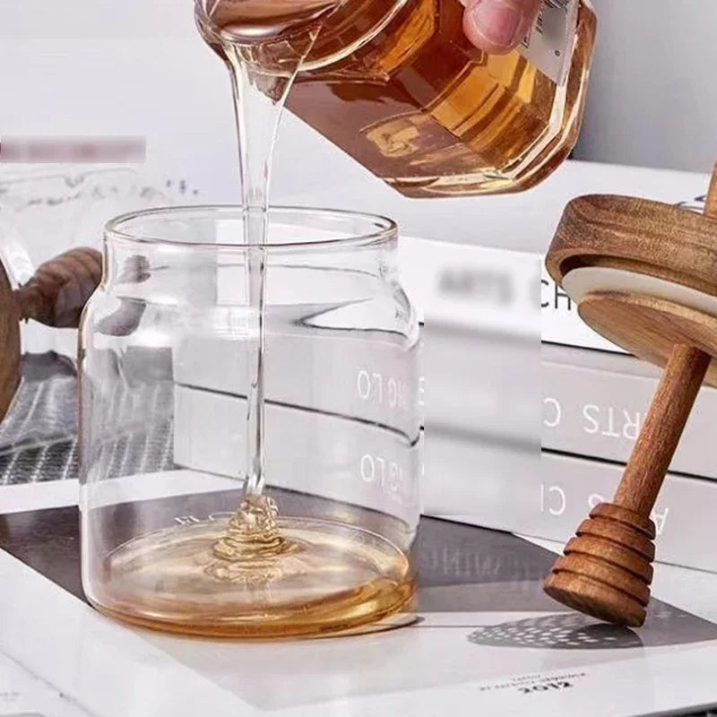 High Borosilicate Honey Jar Glass Sealed Tank Transparent Honey Sealed Storage Jars with Wooden Lid Mixing Rod Wood Dip Sticks