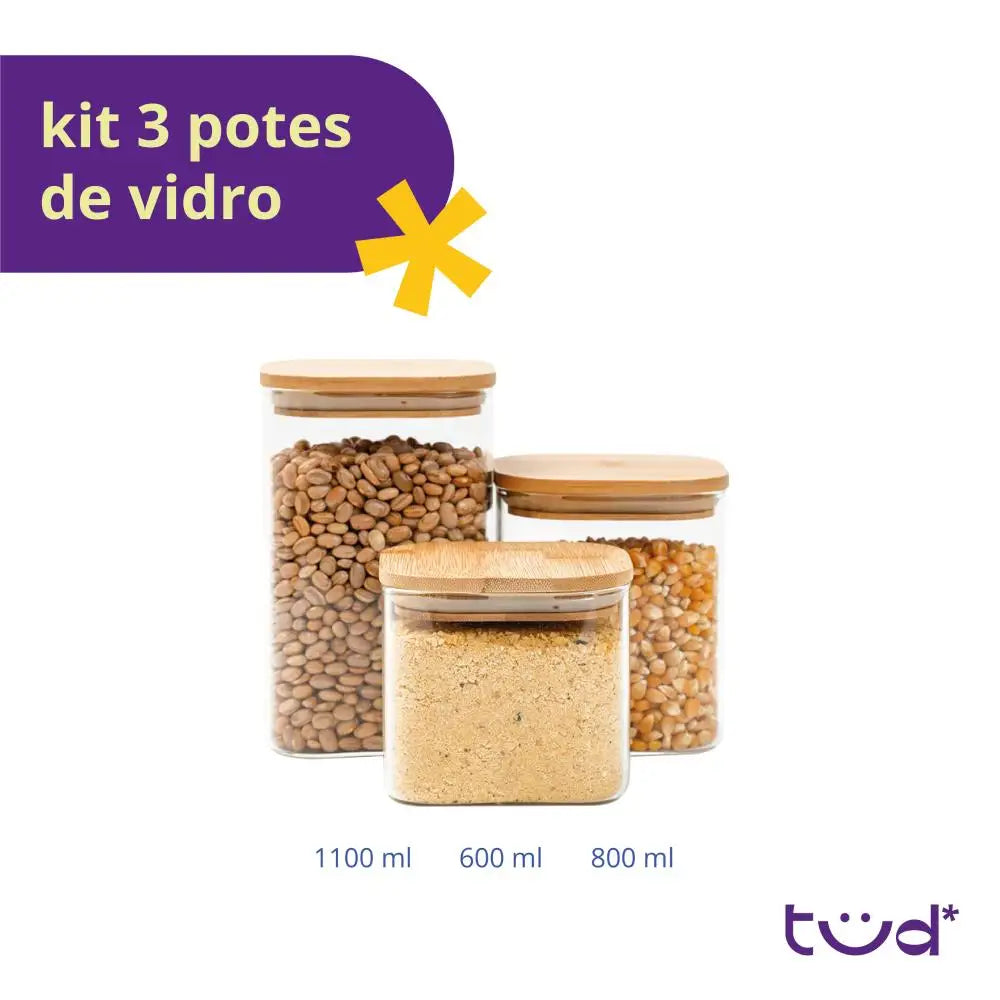 Kit 3 square hermetic bamboo lid glass pots-Tüd