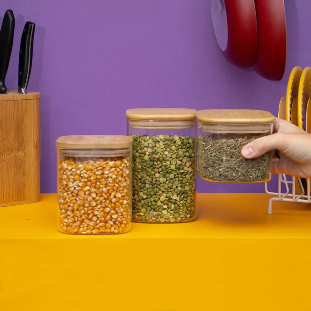 Kit 3 square hermetic bamboo lid glass pots-Tüd