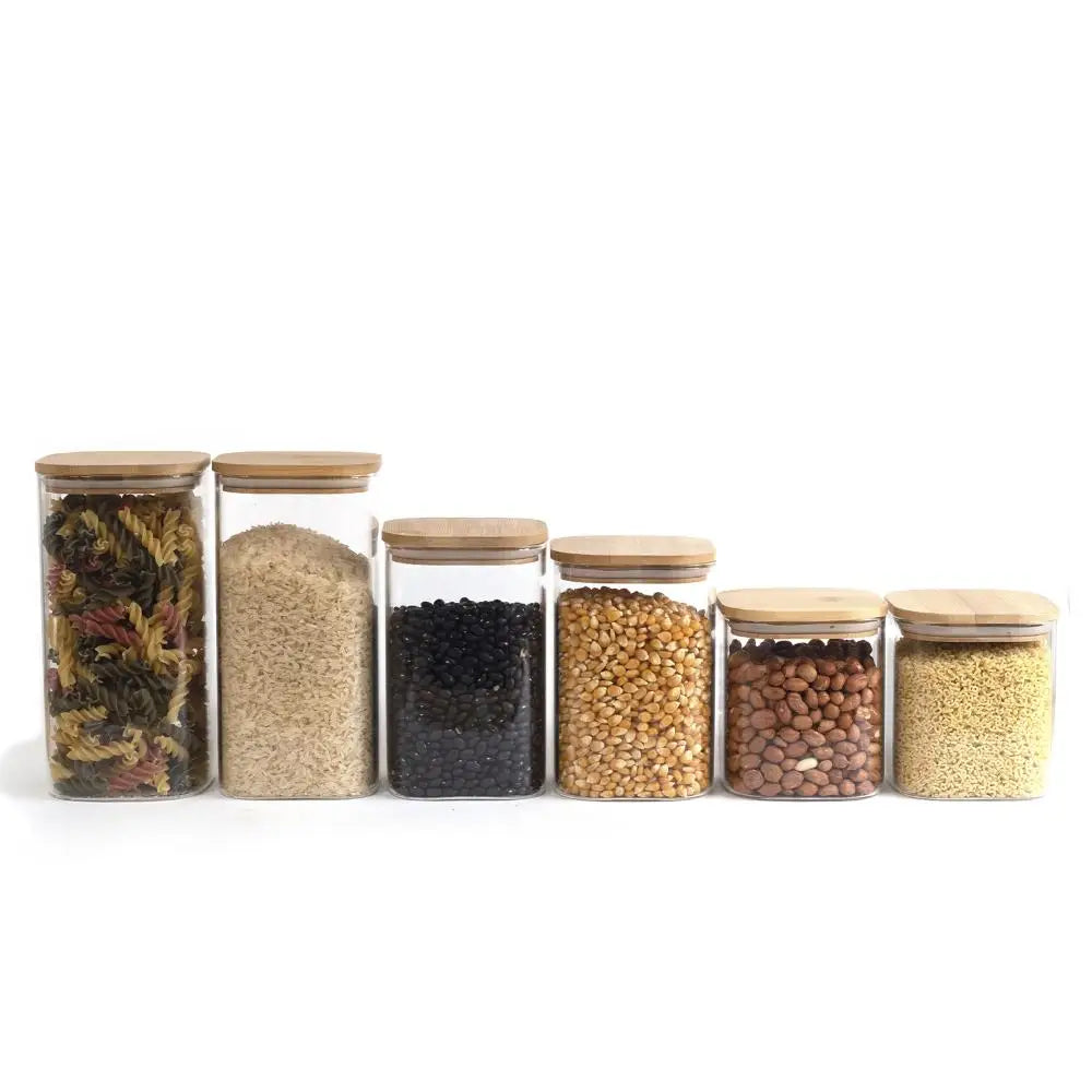 Kit de potes herméticos de vidro com tampa de bambu 1400/1100/800ml - 6 peças