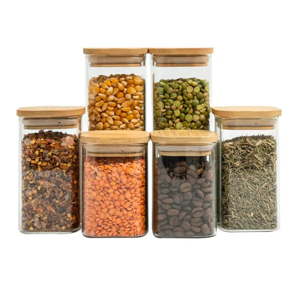 Kit 6 square hermetic bamboo lid glass pots-Tüd