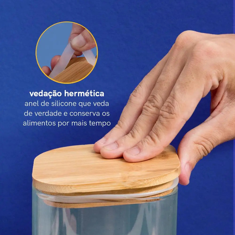 Kit de potes herméticos de vidro com tampa de bambu 1400/1100/800ml - 6 peças