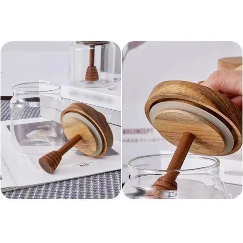 High Borosilicate Honey Jar Glass Sealed Tank Transparent Honey Sealed Storage Jars with Wooden Lid Mixing Rod Wood Dip Sticks