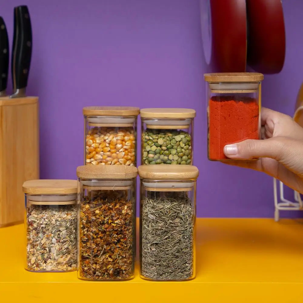 Kit 6 square hermetic bamboo lid glass pots-Tüd
