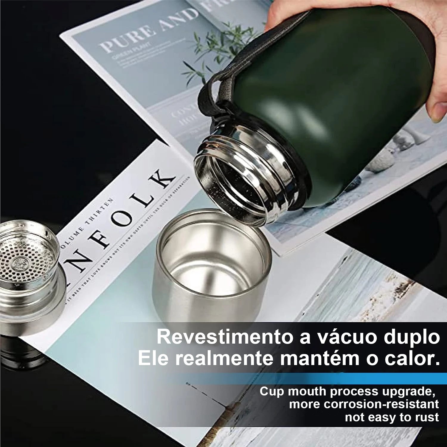 MODUS Garrafa térmica portátil de aço inoxidável, copo isolado a vácuo com corda, 1000, 1500ml