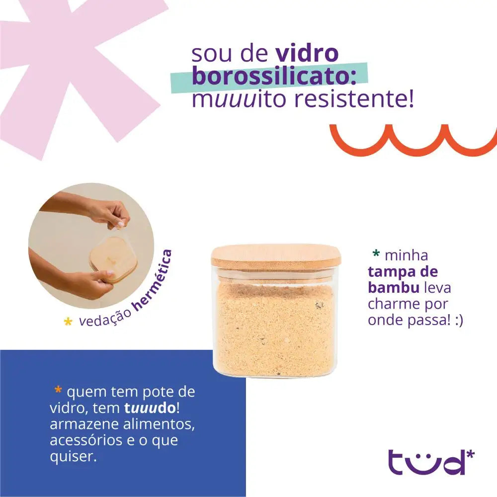 Kit 3 square hermetic bamboo lid glass pots-Tüd