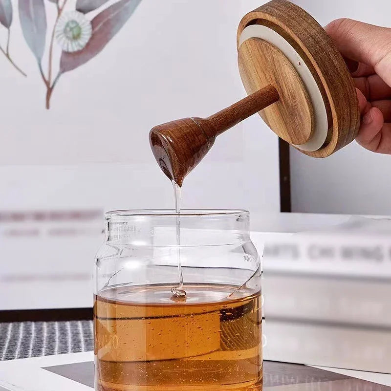High Borosilicate Honey Jar Glass Sealed Tank Transparent Honey Sealed Storage Jars with Wooden Lid Mixing Rod Wood Dip Sticks