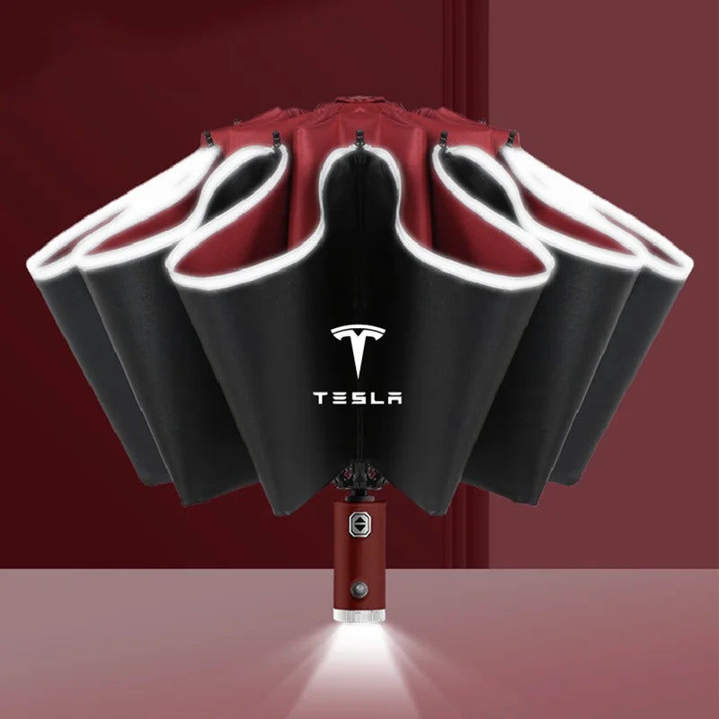 Fully Automatic UV Umbrella With LED Flashlight Reflective Stripe Reverse Umbrellas For Tesla Model 3 Model X Model S Model Y