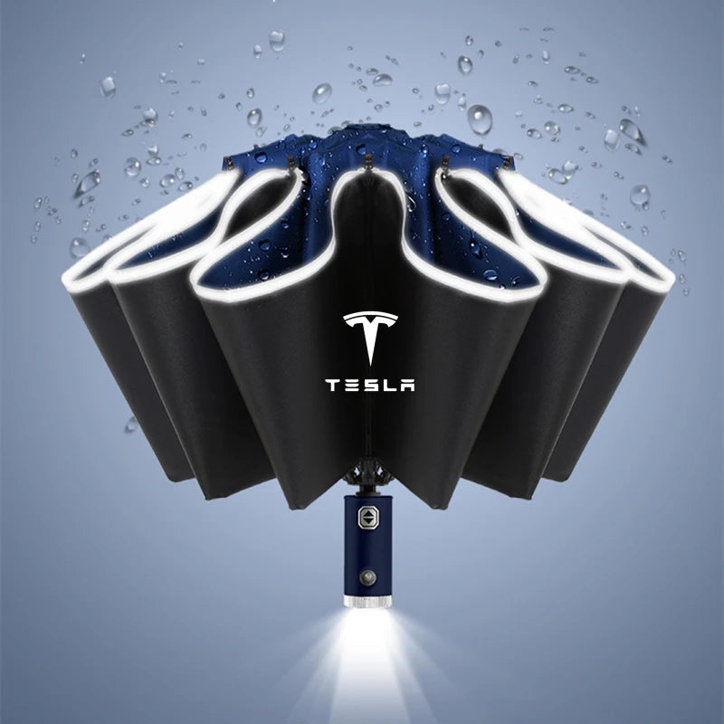 Fully Automatic UV Umbrella With LED Flashlight Reflective Stripe Reverse Umbrellas For Tesla Model 3 Model X Model S Model Y