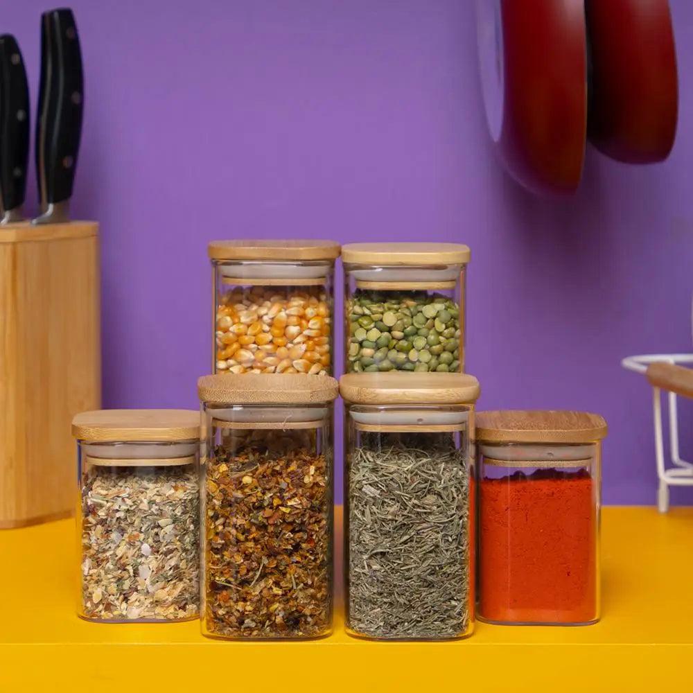 Kit 6 square hermetic bamboo lid glass pots-Tüd