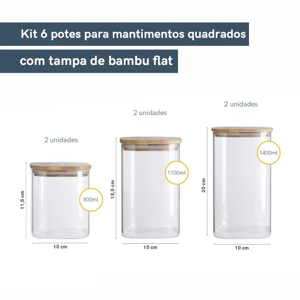 Kit de potes herméticos de vidro com tampa de bambu 1400/1100/800ml - 6 peças