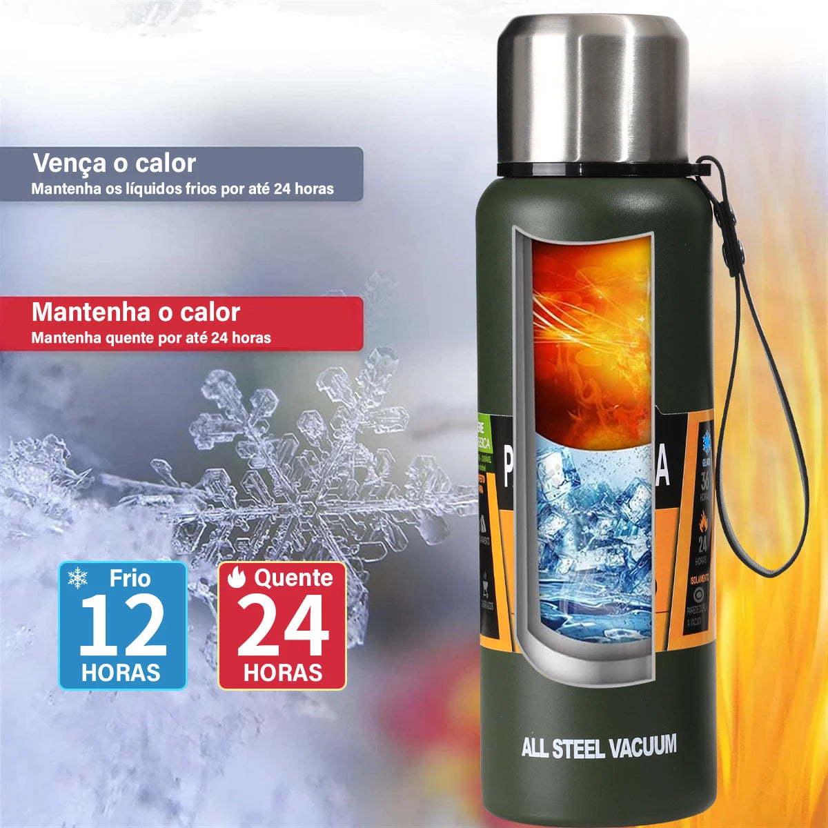 MODUS Garrafa térmica portátil de aço inoxidável, copo isolado a vácuo com corda, 1000, 1500ml