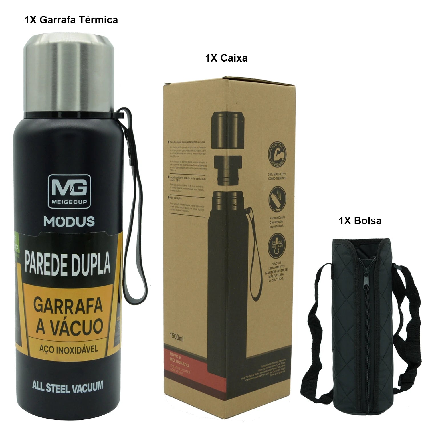 MODUS Garrafa térmica portátil de aço inoxidável, copo isolado a vácuo com corda, 1000, 1500ml