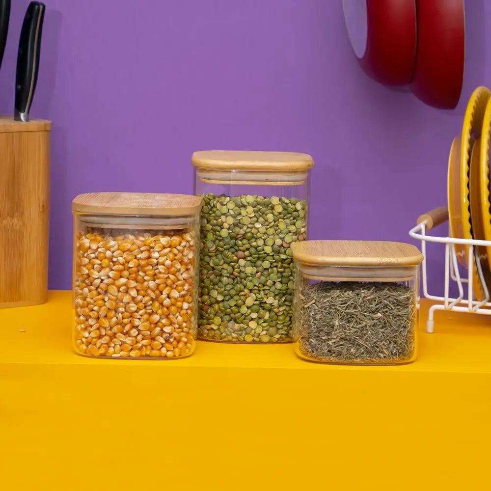 Kit 3 square hermetic bamboo lid glass pots-Tüd