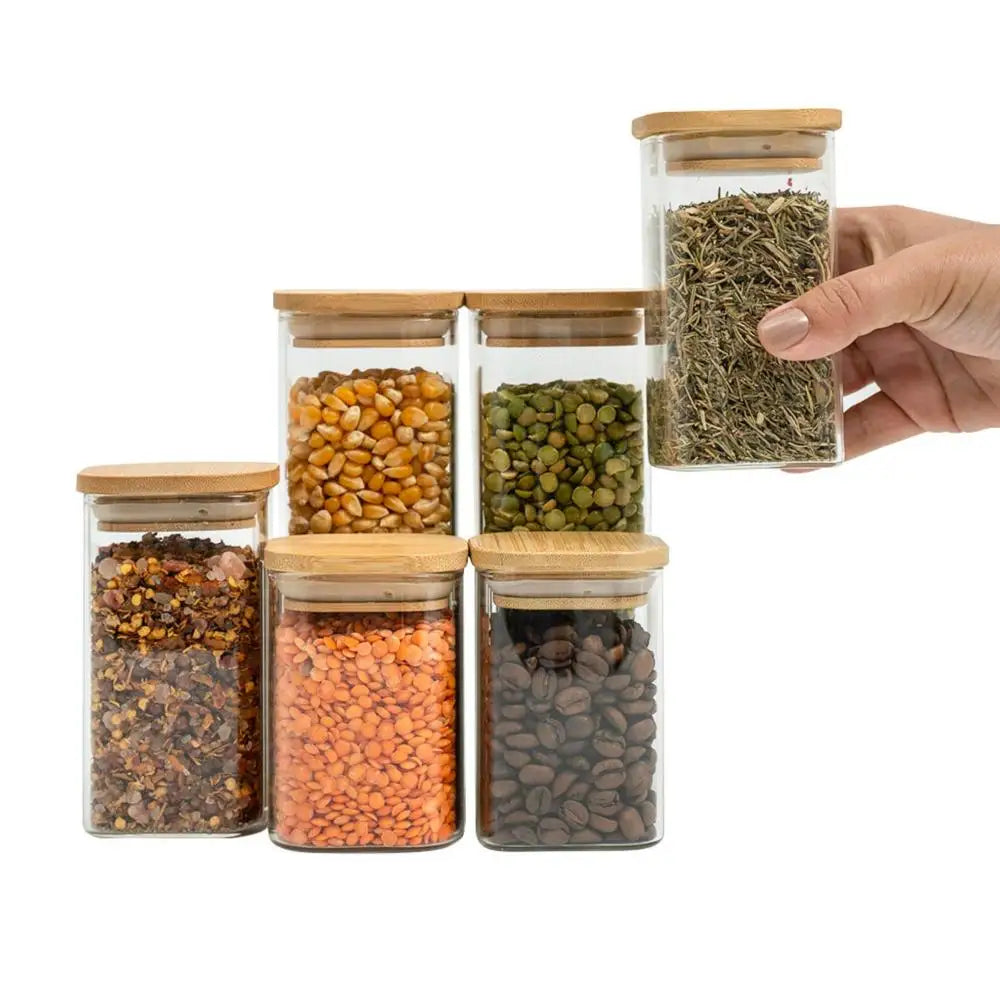 Kit 6 square hermetic bamboo lid glass pots-Tüd