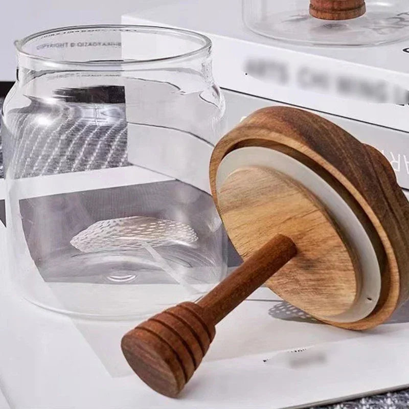 High Borosilicate Honey Jar Glass Sealed Tank Transparent Honey Sealed Storage Jars with Wooden Lid Mixing Rod Wood Dip Sticks
