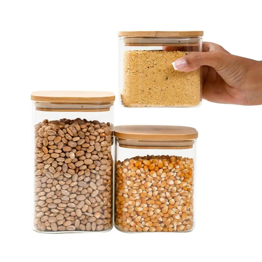 Kit 3 square hermetic bamboo lid glass pots-Tüd
